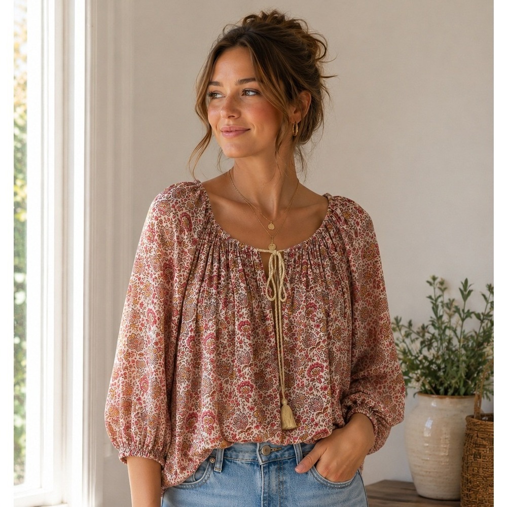 Denim & Supply Ralph Lauren Floral Boho Peasant Blouse XL Cotton Viscose Tassel